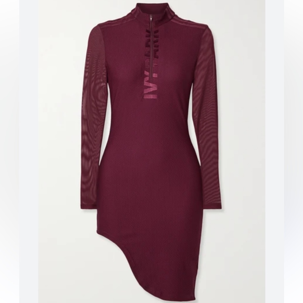 Adidas x IVY PARK Long Sleeve Front Zip Bodycon Asymmetric Mini Dress in Maroon